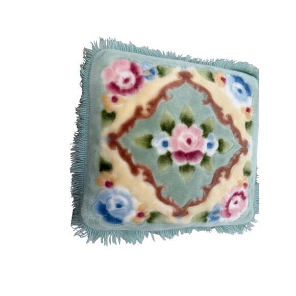 Vtg plush Floral Accent Pillow Fringe Texture Zipper 15x 15 Grannycore cottage - Picture 4 of 10